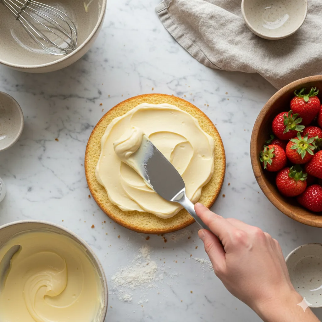Deutscher Erdbeerkuchen Zubereitung mit Vanillecreme auf Biskuitboden in der Küche