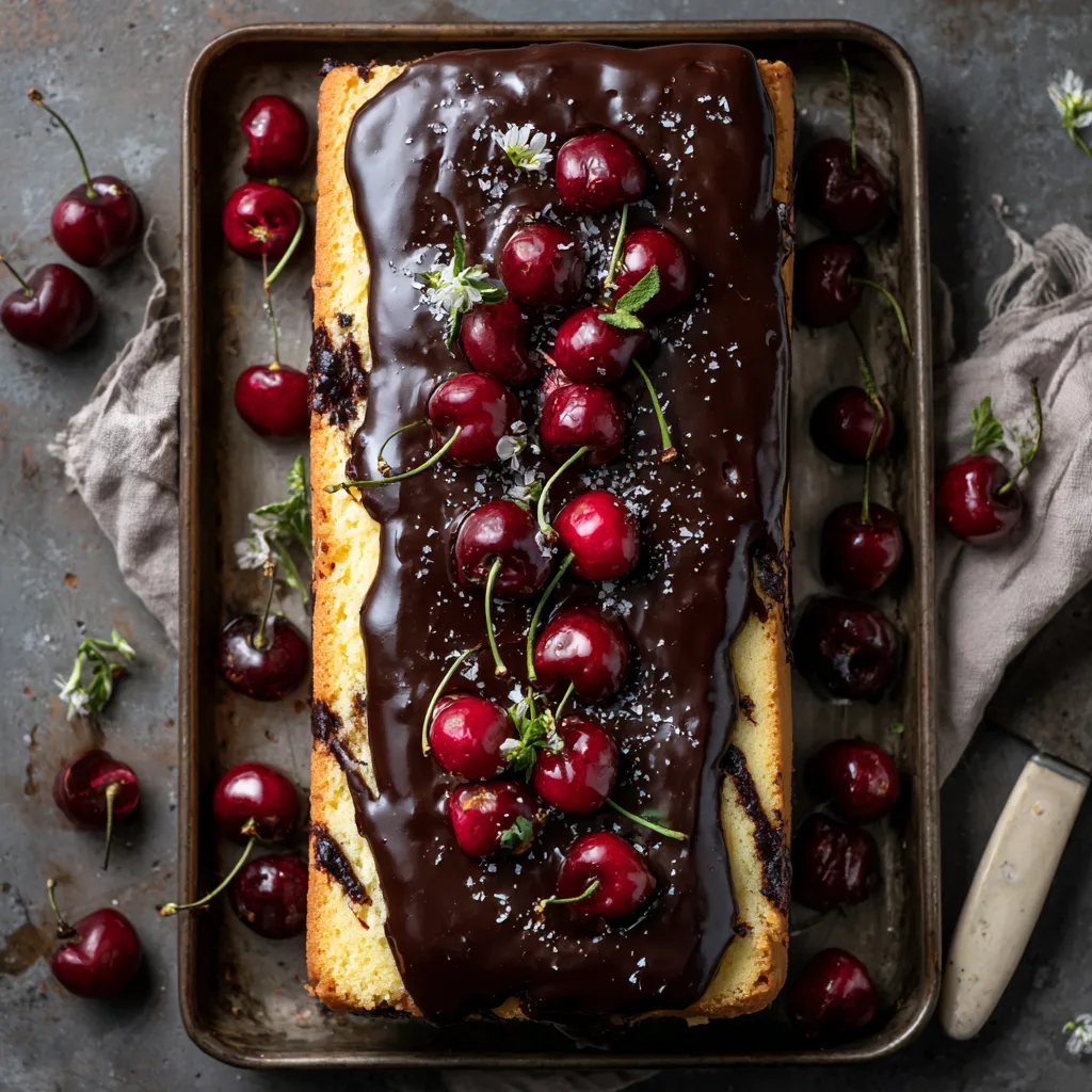 Donauwelle Kuchen vom Blech mit Schokoladenglasur und Kirschen