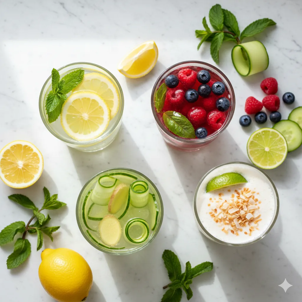 Einfache alkoholfreie Getränke in verschiedenen Gläsern mit frischen Zutaten von oben fotografiert