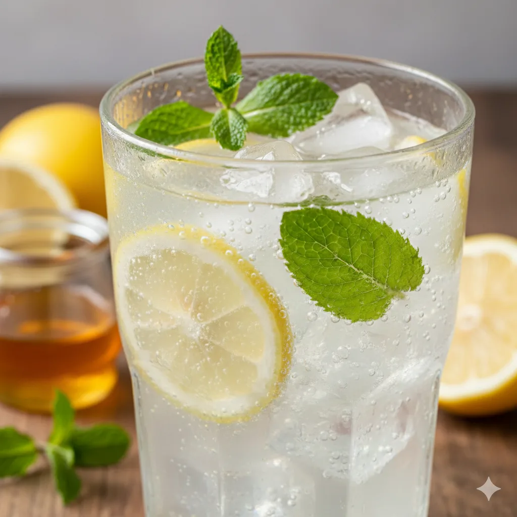 Nahaufnahme hausgemachte Zitronenlimonade mit Eiswürfeln und Minze – einfache alkoholfreie Getränke