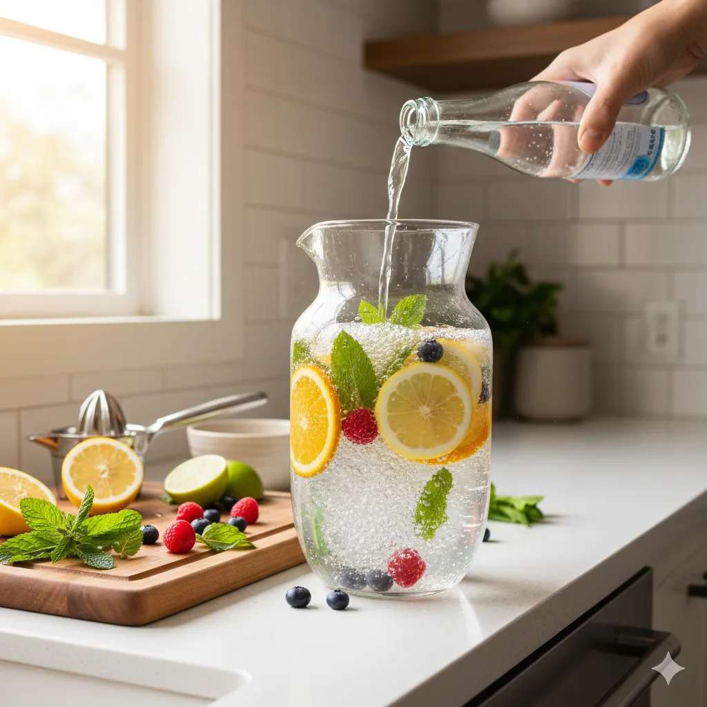 Zubereitung einfacher alkoholfreier Getränke – Wasser in Karaffe mit frischen Zutaten gießen