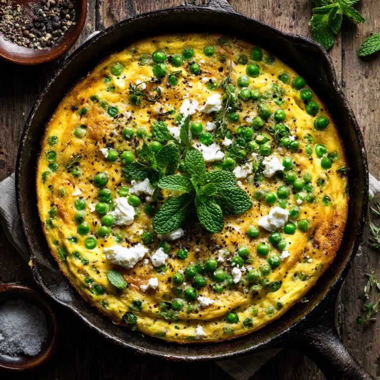 Erbsen-Frittata von oben in rustikaler Pfanne mit Feta und frischer Minze