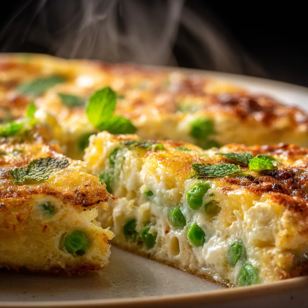 Nahaufnahme Erbsen-Frittata Textur mit Erbsen und geschmolzenem Feta