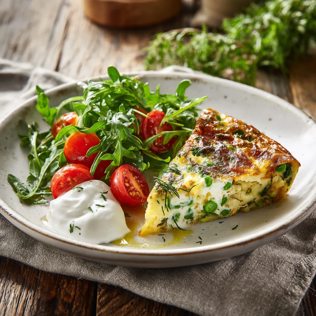 Servierte Erbsen-Frittata auf Teller mit Salat und mediterraner Deko
