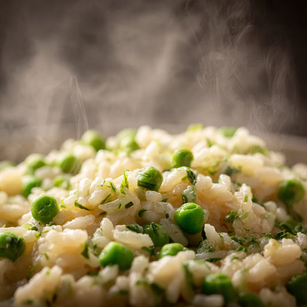 Nahaufnahme von cremigem Erbsen-Risotto mit Bärlauch zeigt die perfekte Konsistenz