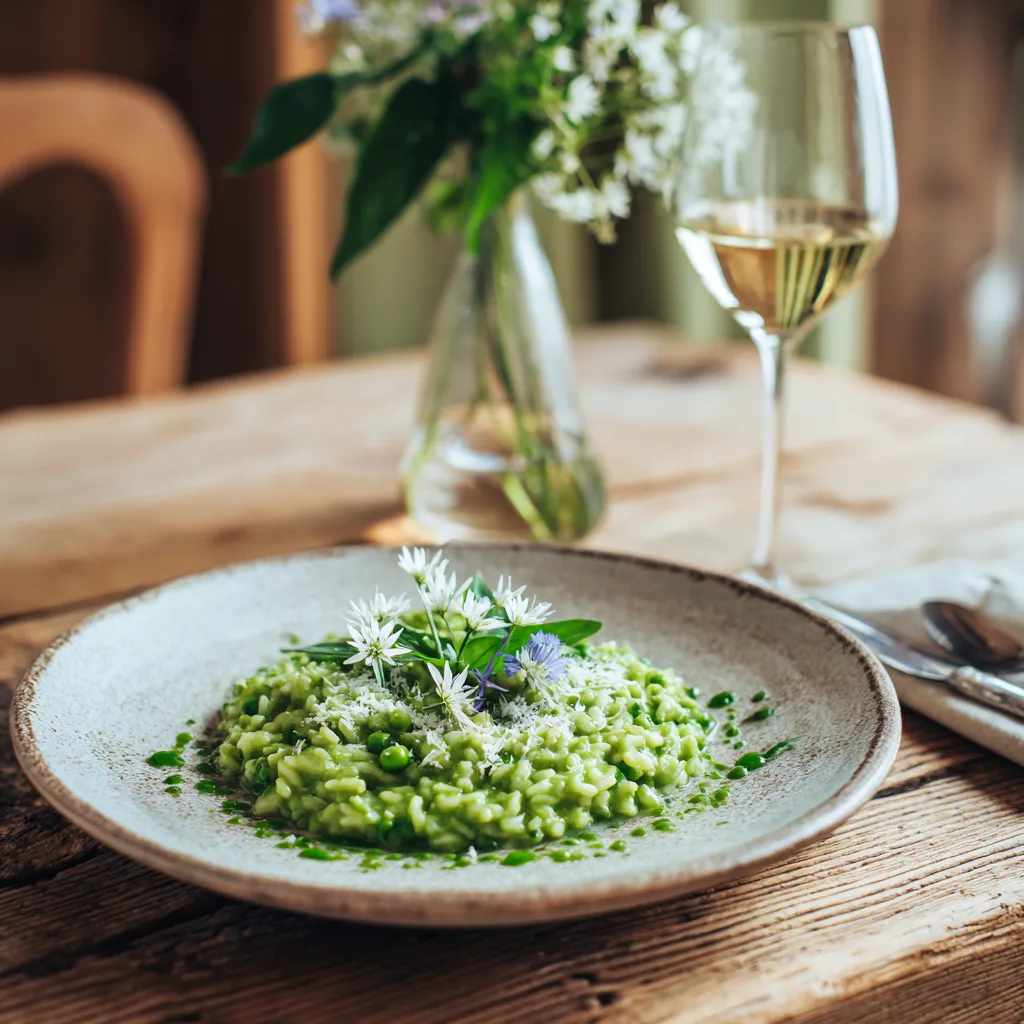 Serviertes Erbsen-Risotto mit Bärlauch auf rustikalem Holztisch mit Weißwein