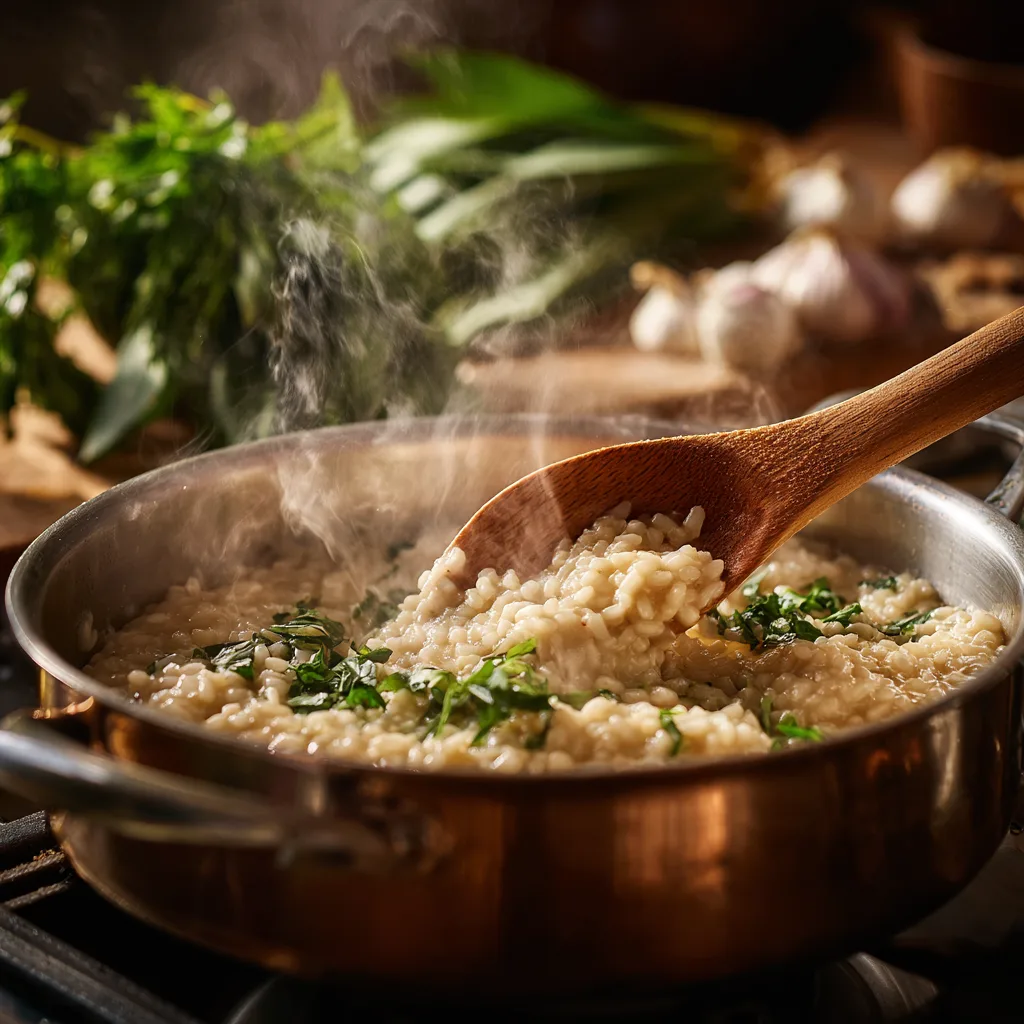 Erbsen-Risotto mit Bärlauch wird im Topf gerührt während der Zubereitung
