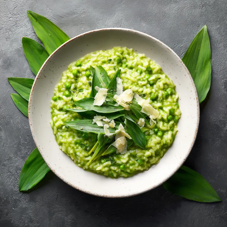 Erbsen-Risotto mit Bärlauch von oben fotografiert mit frischen Kräutern und Parmesan garniert