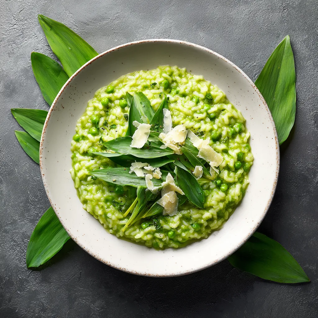 Erbsen-Risotto mit Bärlauch von oben fotografiert mit frischen Kräutern und Parmesan garniert