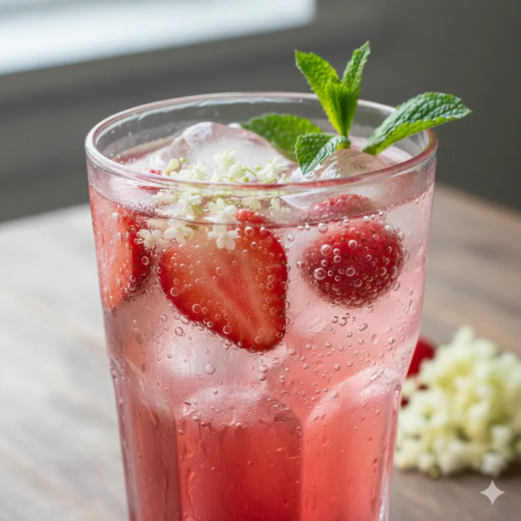Nahaufnahme von Erdbeer-Holunderblüten Frühlingsgetränk mit Minze und Eiswürfeln im Glas
