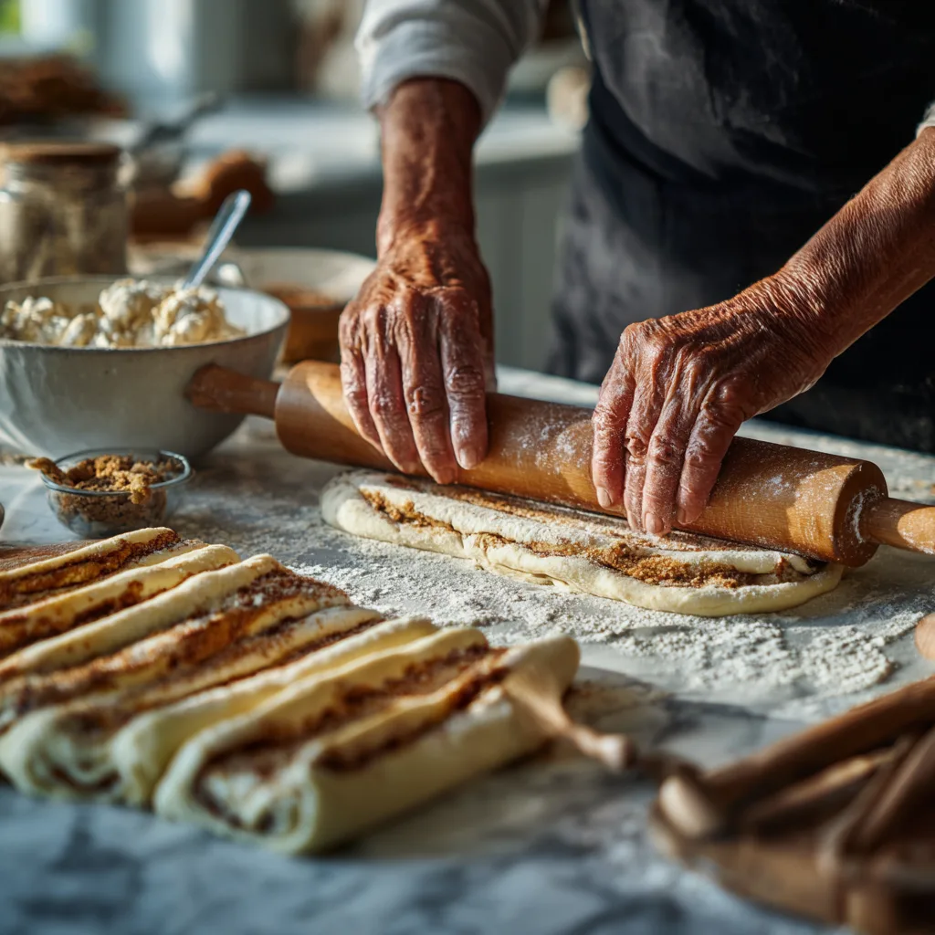 Franzbrötchen formen mit Kochlöffelstiel für die typische Hamburger Form