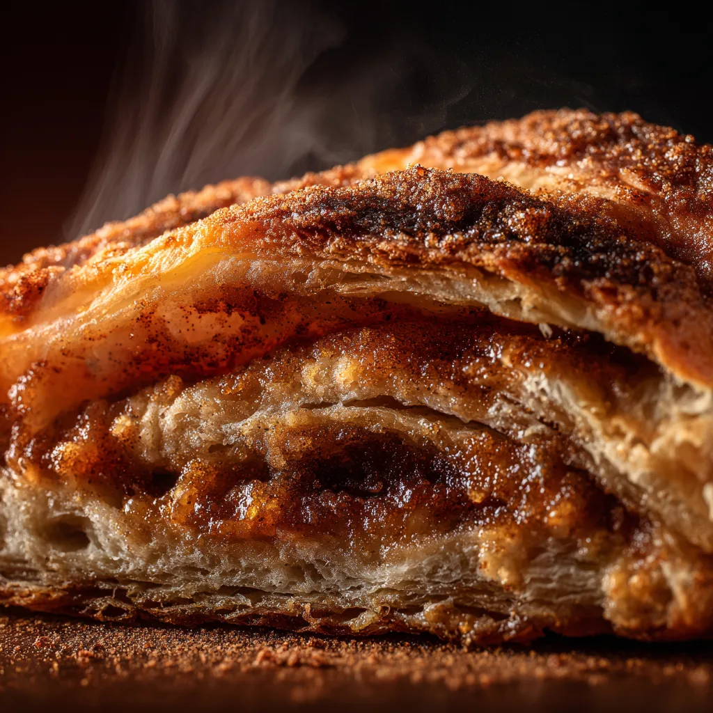 Nahaufnahme eines Franzbrötchens mit sichtbaren Teigschichten und Zimtbutterfüllung