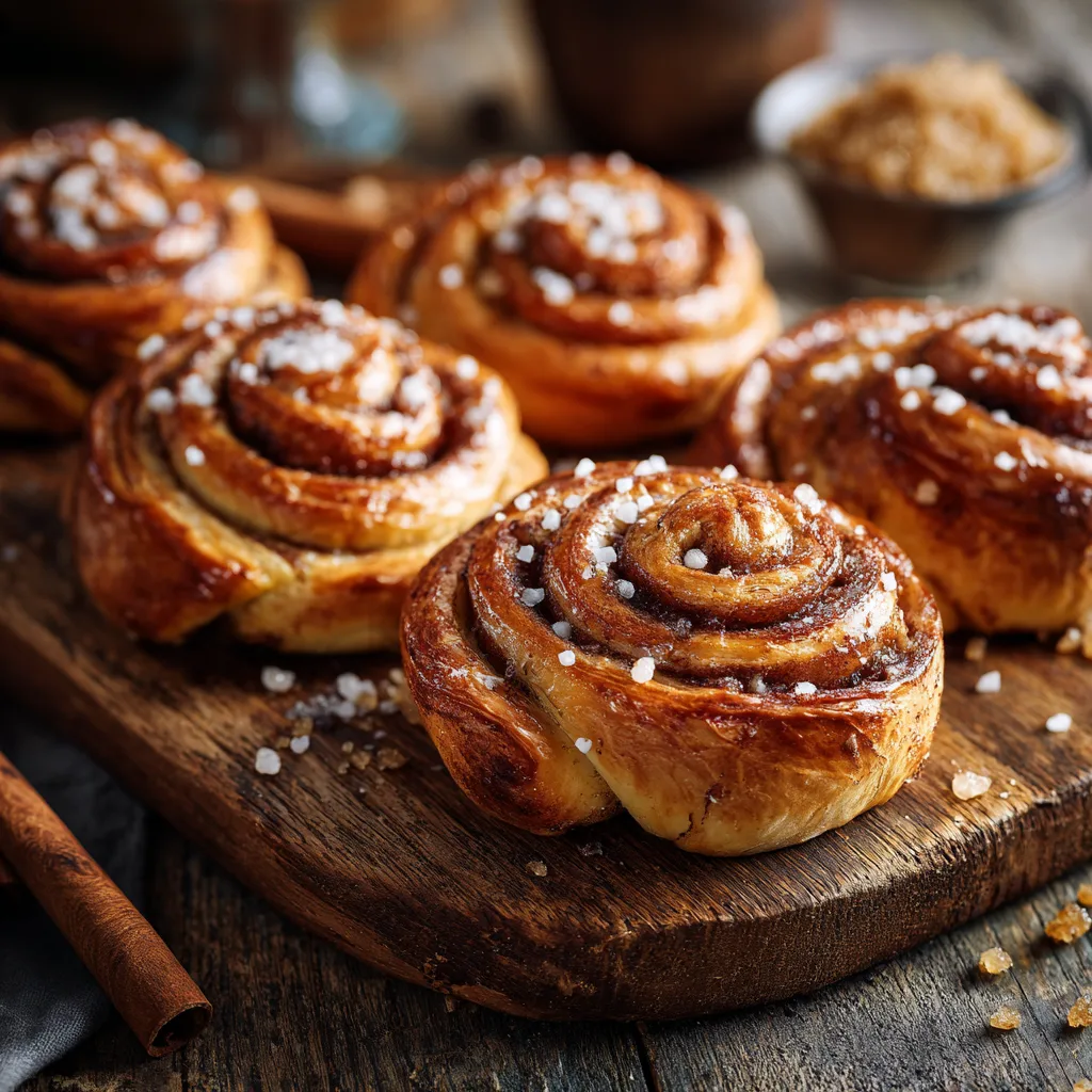 Frisch gebackene Franzbrötchen mit Zimt und Butter auf Holzbrett von oben fotografiert