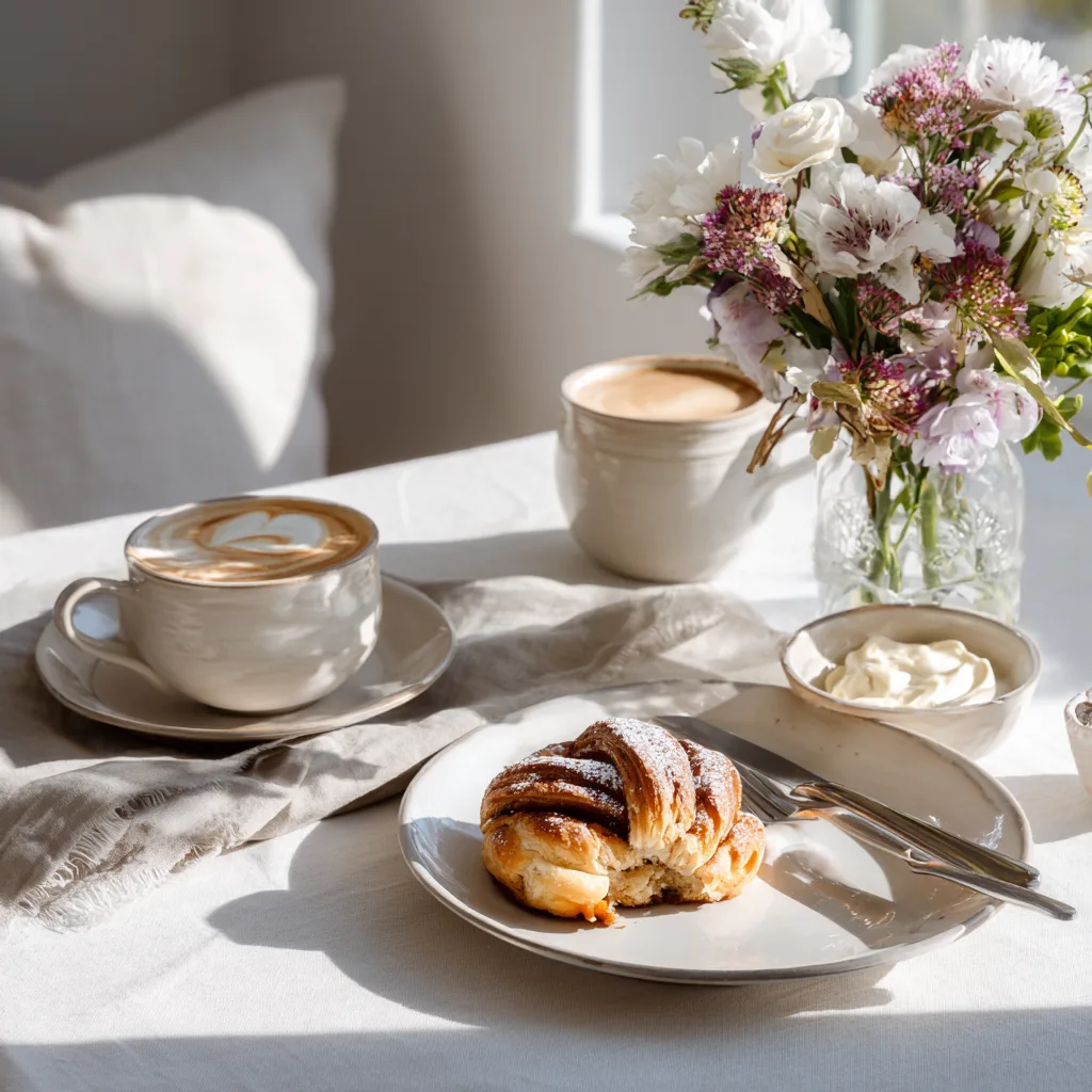 Franzbrötchen serviert auf weißem Teller mit Kaffee zum Frühstück
