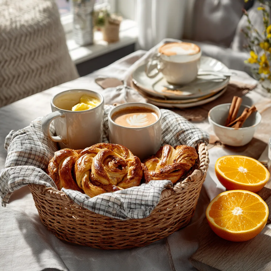 Franzbrötchen serviert im Brotkorb mit Kaffee und Butter auf gedecktem Frühstückstisch