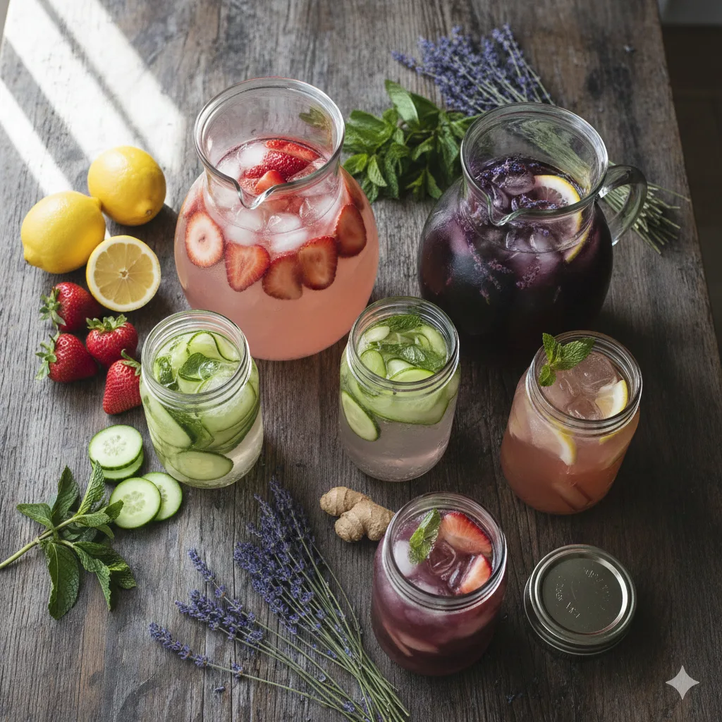 Verschiedene erfrischende Frühlingsgetränke in Glaskaraffen mit frischen Früchten und Kräutern auf Holztisch