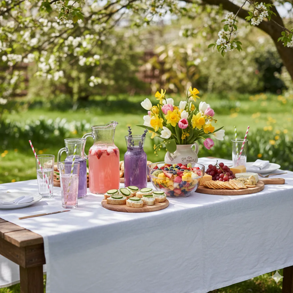 Festlich gedeckter Gartentisch mit verschiedenen Frühlingsgetränken, Snacks und Frühlingsblumen