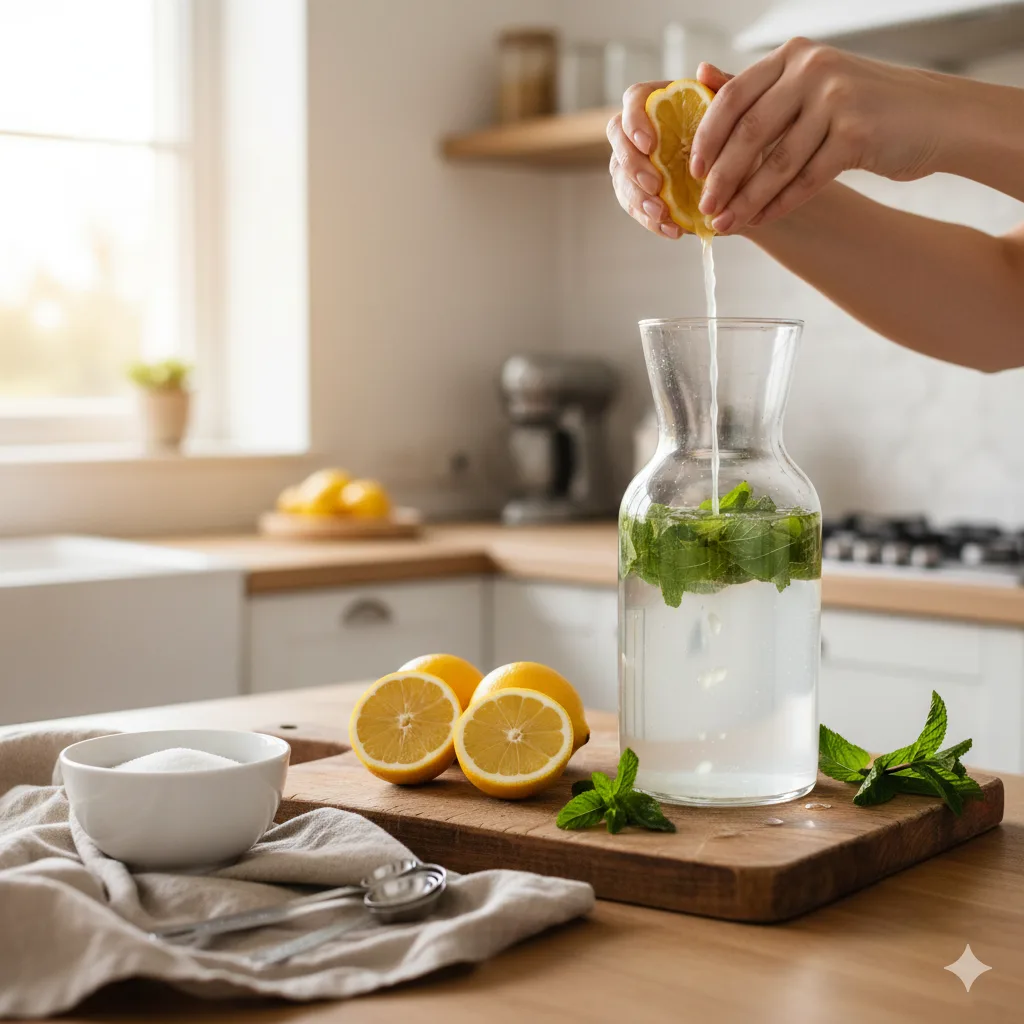 Hände gießen frischen Zitronensaft in Karaffe für Frühlingsgetränke Zubereitung mit Minze