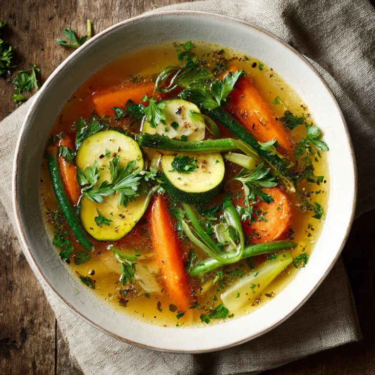 Frühlingshafte Gemüsesuppe mit frischem Gemüse von oben fotografiert auf Holztisch