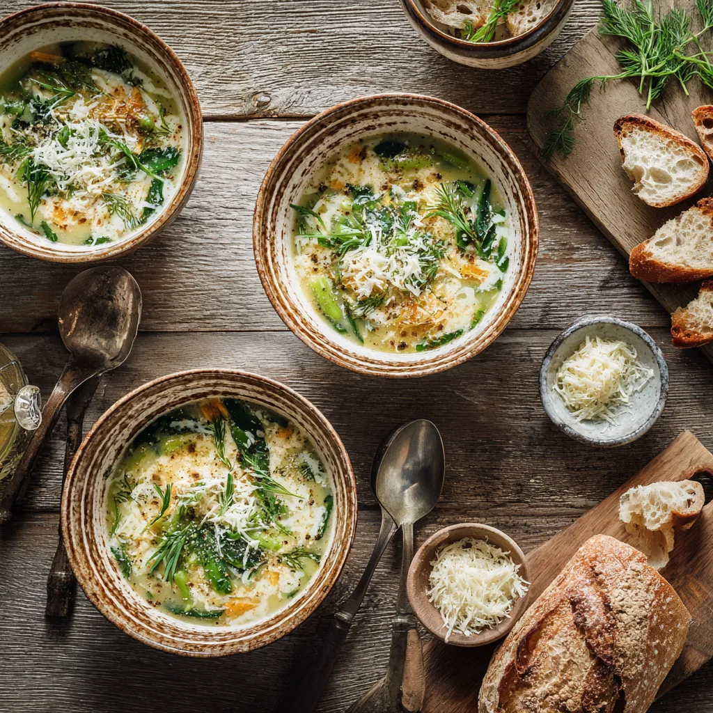 Frühlingshafte Gemüsesuppe serviert mit Brot und Käse auf gedecktem Tisch