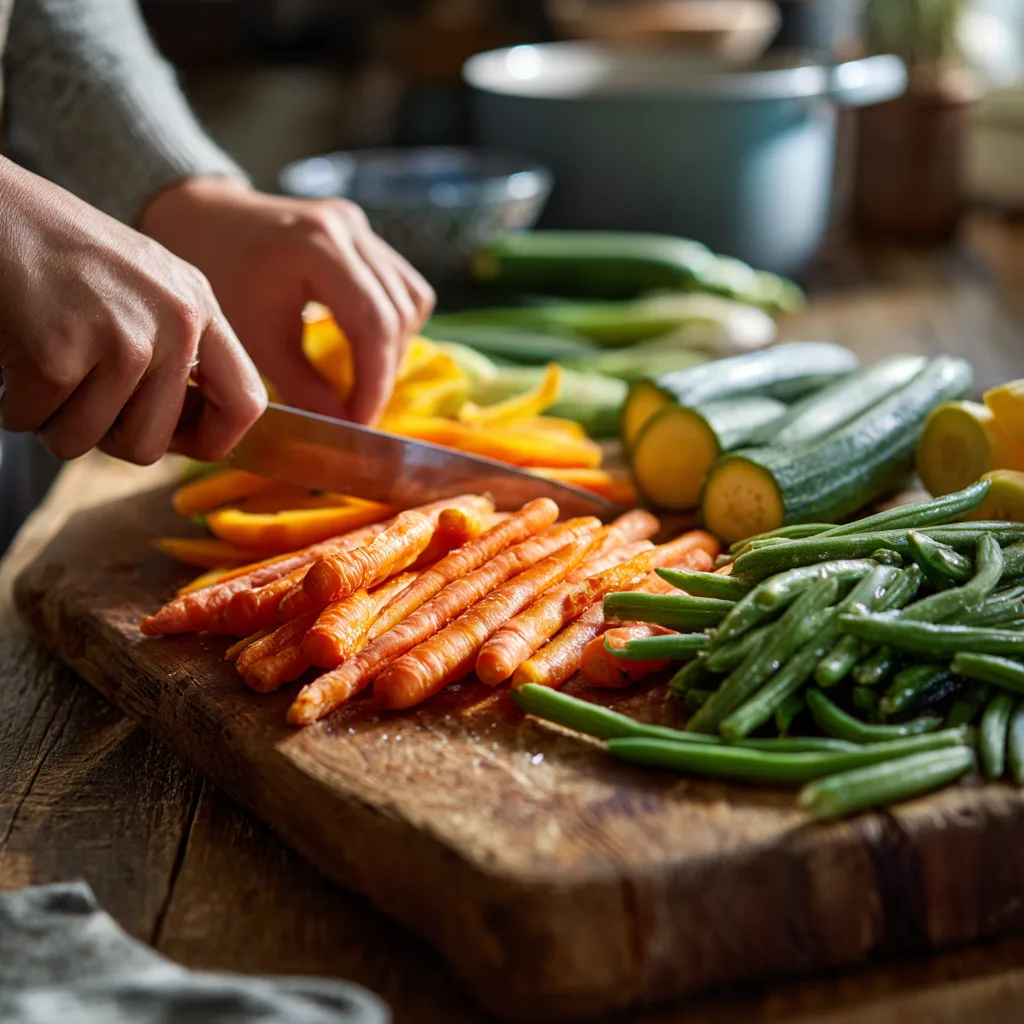 Frisches Frühlingsgemüse schneiden für frühlingshafte Gemüsesuppe Zubereitung