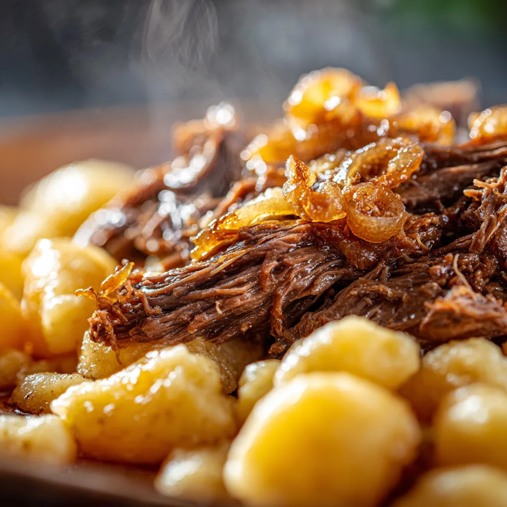 Nahaufnahme von Gaisburger Marsch zeigt Textur von Rindfleisch, Spätzle und Kartoffeln in Brühe