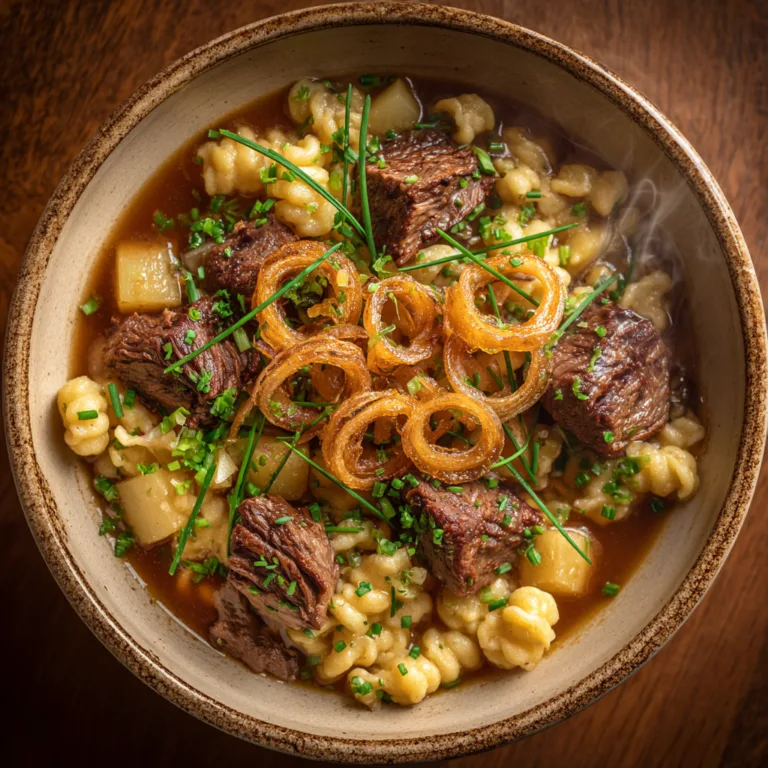 Gaisburger Marsch mit Rindfleisch, Spätzle und Kartoffeln in rustikaler Schale von oben fotografiert
