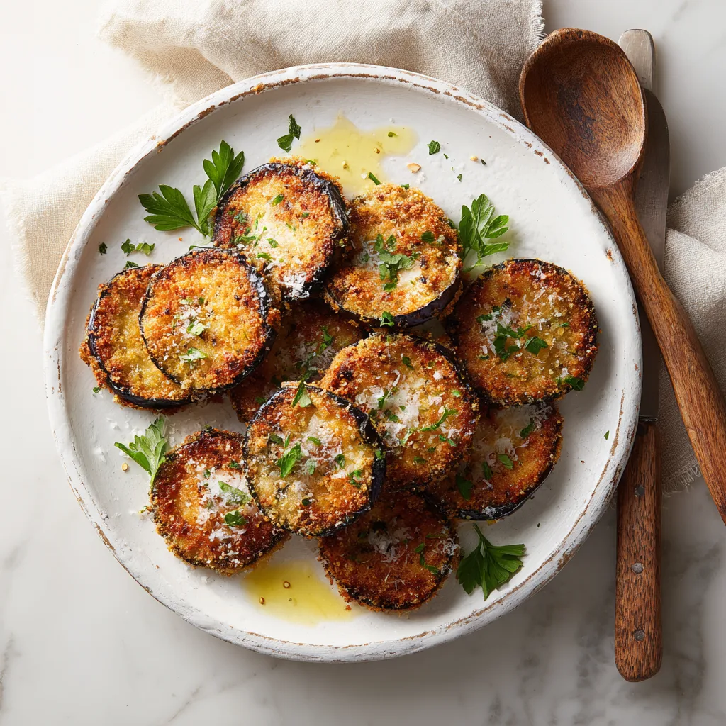 Gebackene Auberginen mit Parmesan auf weißer Platte von oben fotografiert mit goldbrauner Kruste