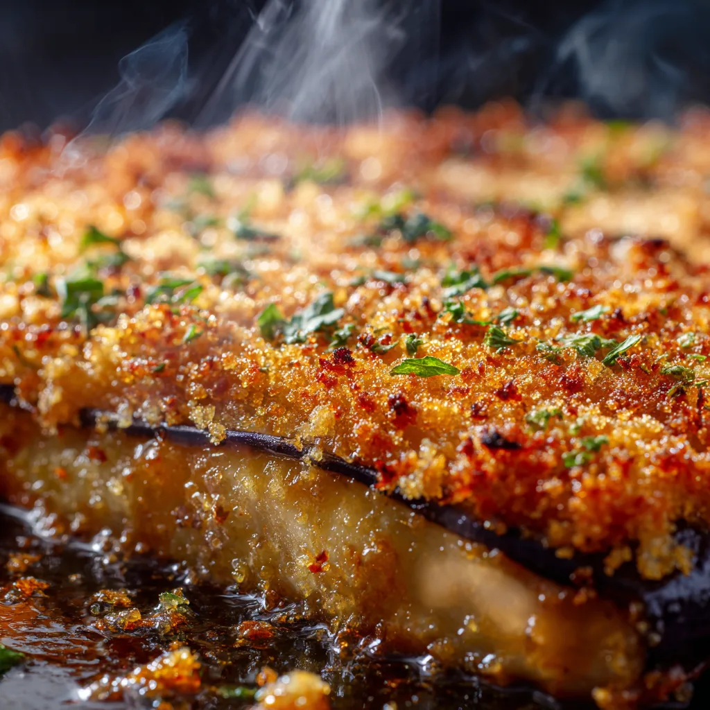 Nahaufnahme von gebackenen Auberginen mit Parmesan zeigt knusprige goldene Panade und zarte Aubergine innen