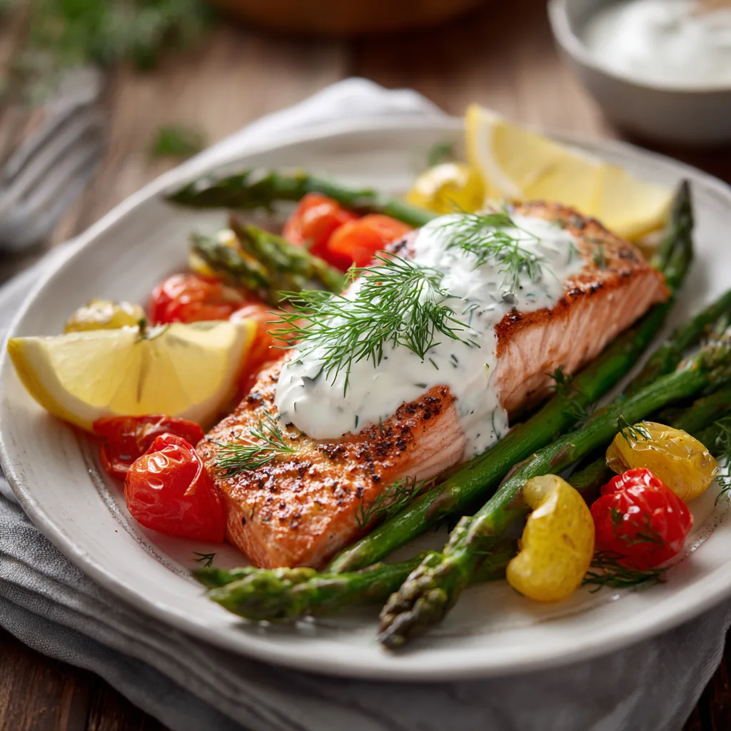Gebackener Lachs mit Sauce von oben fotografiert mit frischem Dill und Zitrone auf weißem Teller