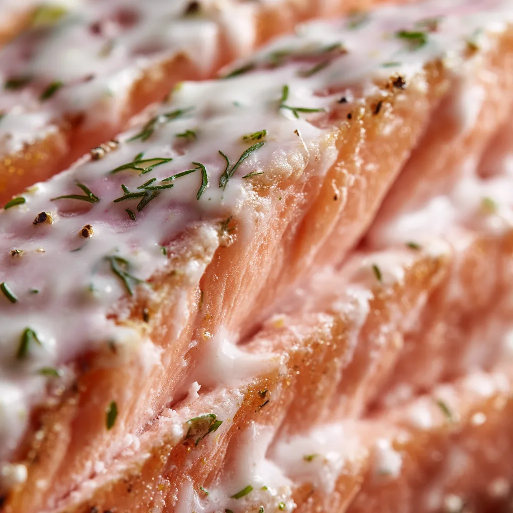 Nahaufnahme von Gebackener Lachs mit Sauce zeigt saftige Textur und cremige Dillsauce