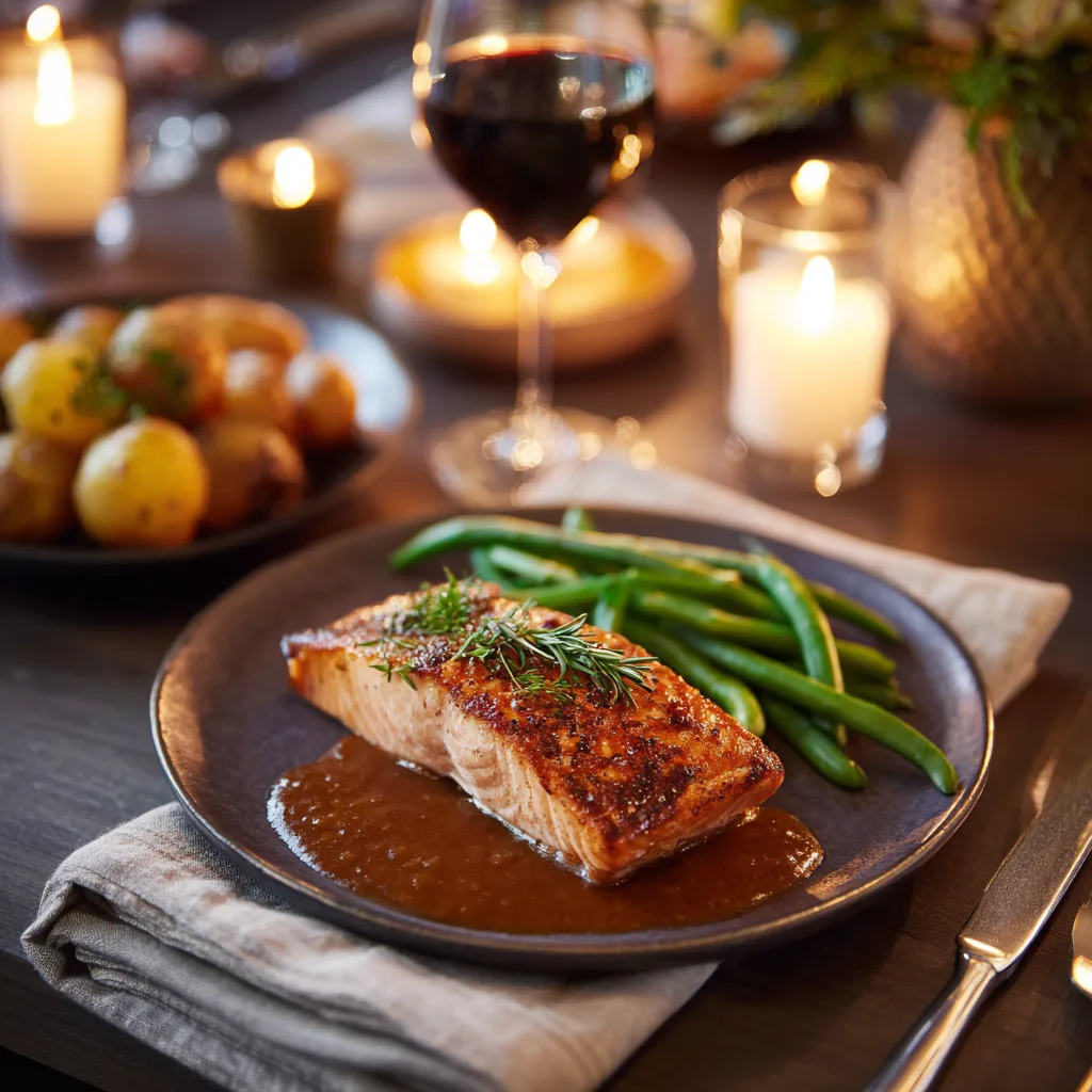 Gebackener Lachs mit Sauce elegant serviert auf gedecktem Tisch mit Beilagen und Wein