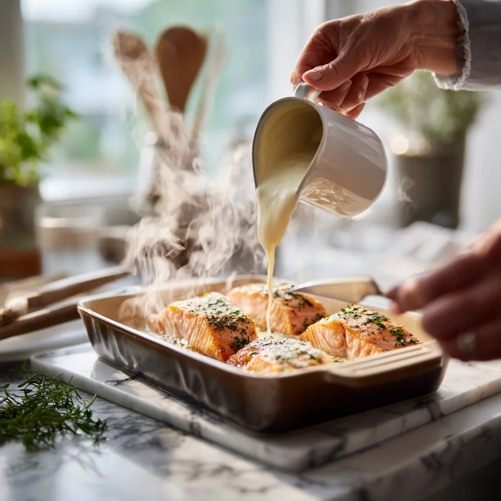 Sauce wird über Gebackener Lachs gegossen während der Zubereitung in moderner Küche