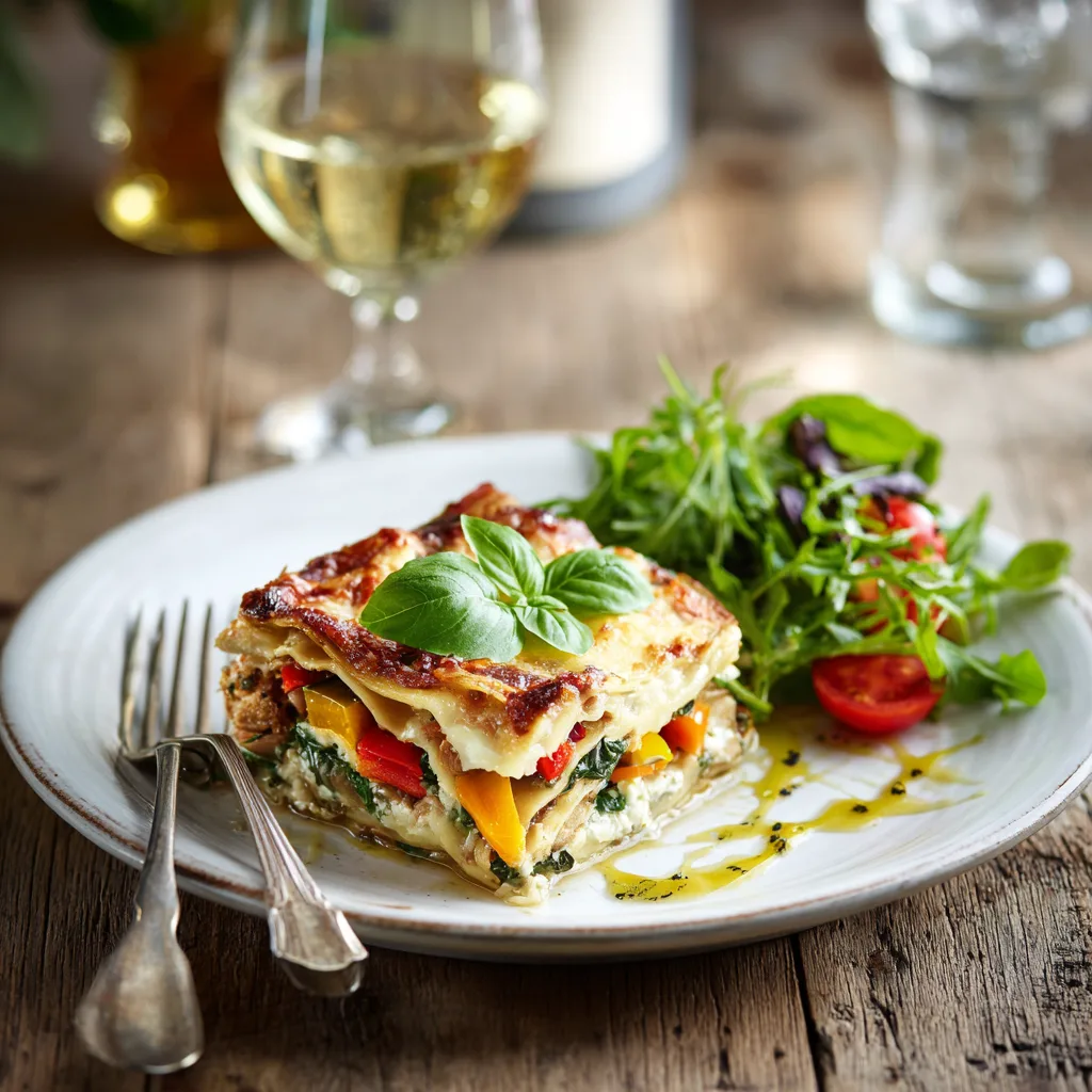 Servierte Portion Gemüse-Lasagne auf weißem Teller mit Salatbeilage und Basilikum