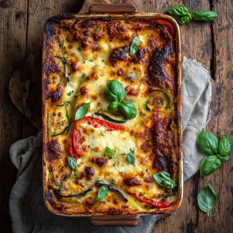 Gemüse-Lasagne frisch aus dem Ofen mit goldbrauner Käsekruste in Auflaufform