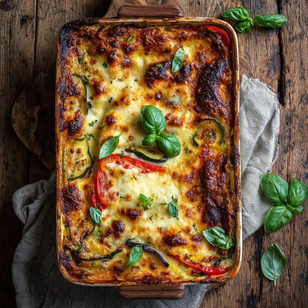 Gemüse-Lasagne frisch aus dem Ofen mit goldbrauner Käsekruste in Auflaufform