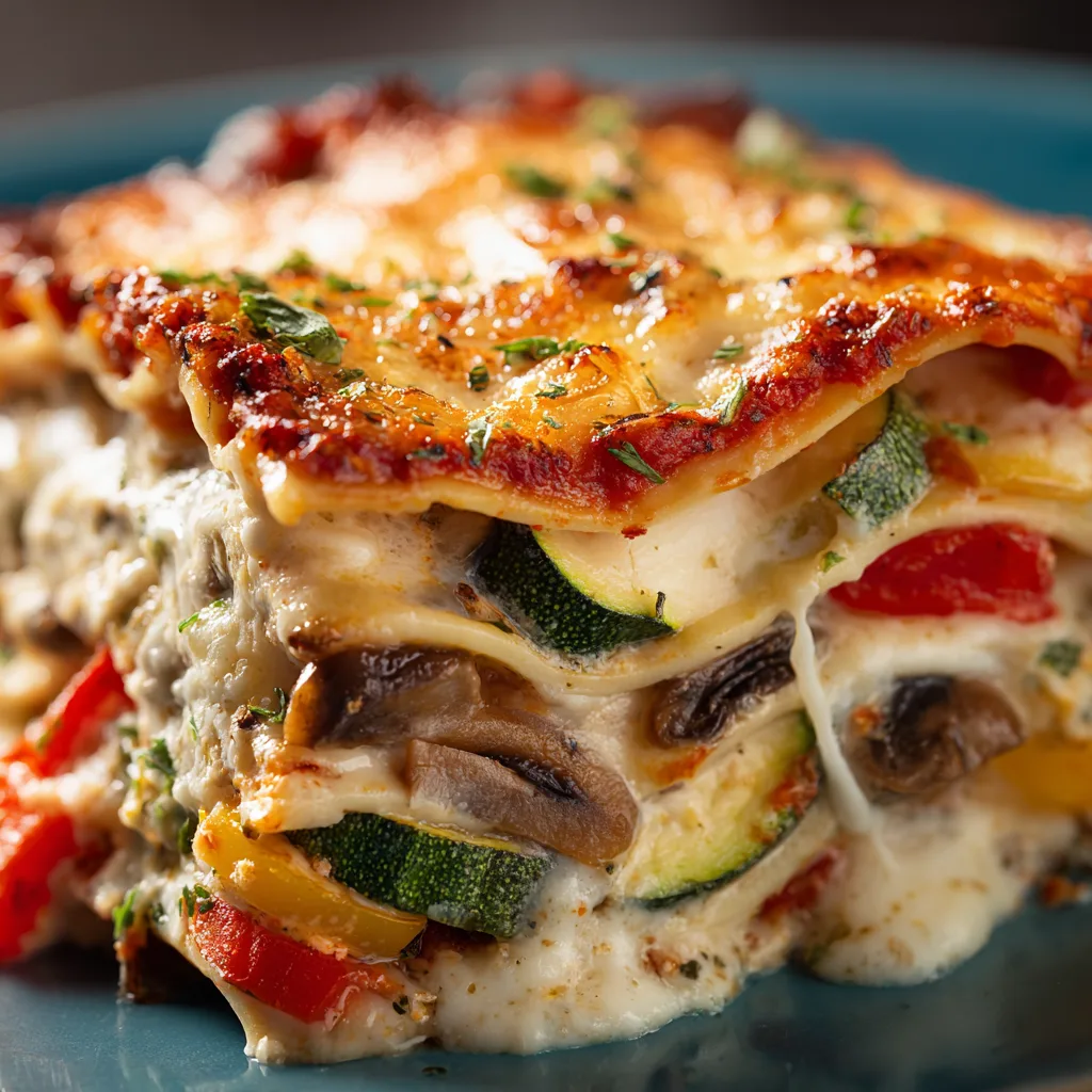Gemüse-Lasagne im Anschnitt zeigt perfekte Schichten aus Nudeln, Gemüse und Käse