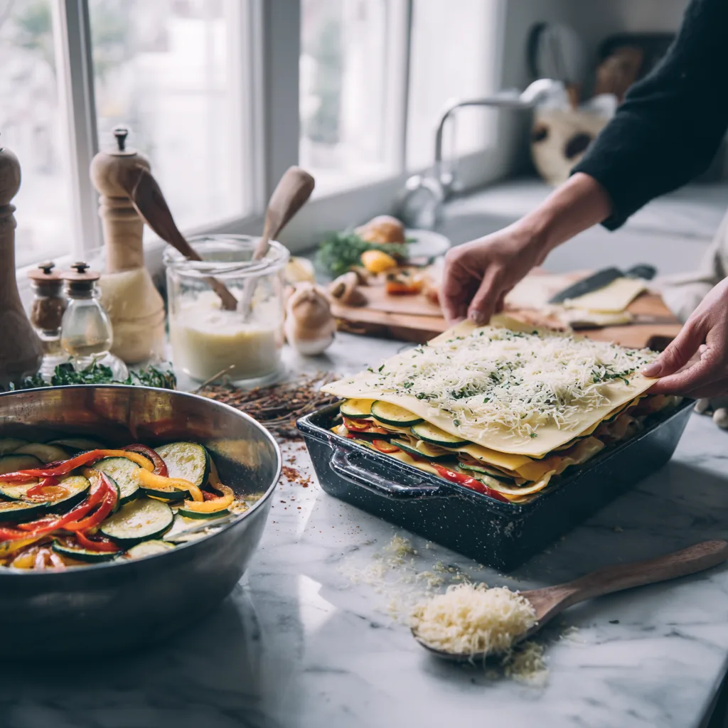 Gemüse-Lasagne wird in der Küche geschichtet mit frischen Zutaten und Béchamelsauce