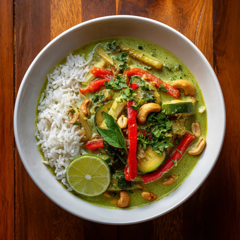Grüne Thai-Curry-Bowl mit Jasminreis, buntem Gemüse und Thai-Basilikum in weißer Schale von oben fotografiert