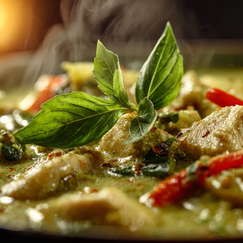 Nahaufnahme der cremigen grünen Curry-Sauce mit Tofu und Gemüse in der Thai-Curry-Bowl