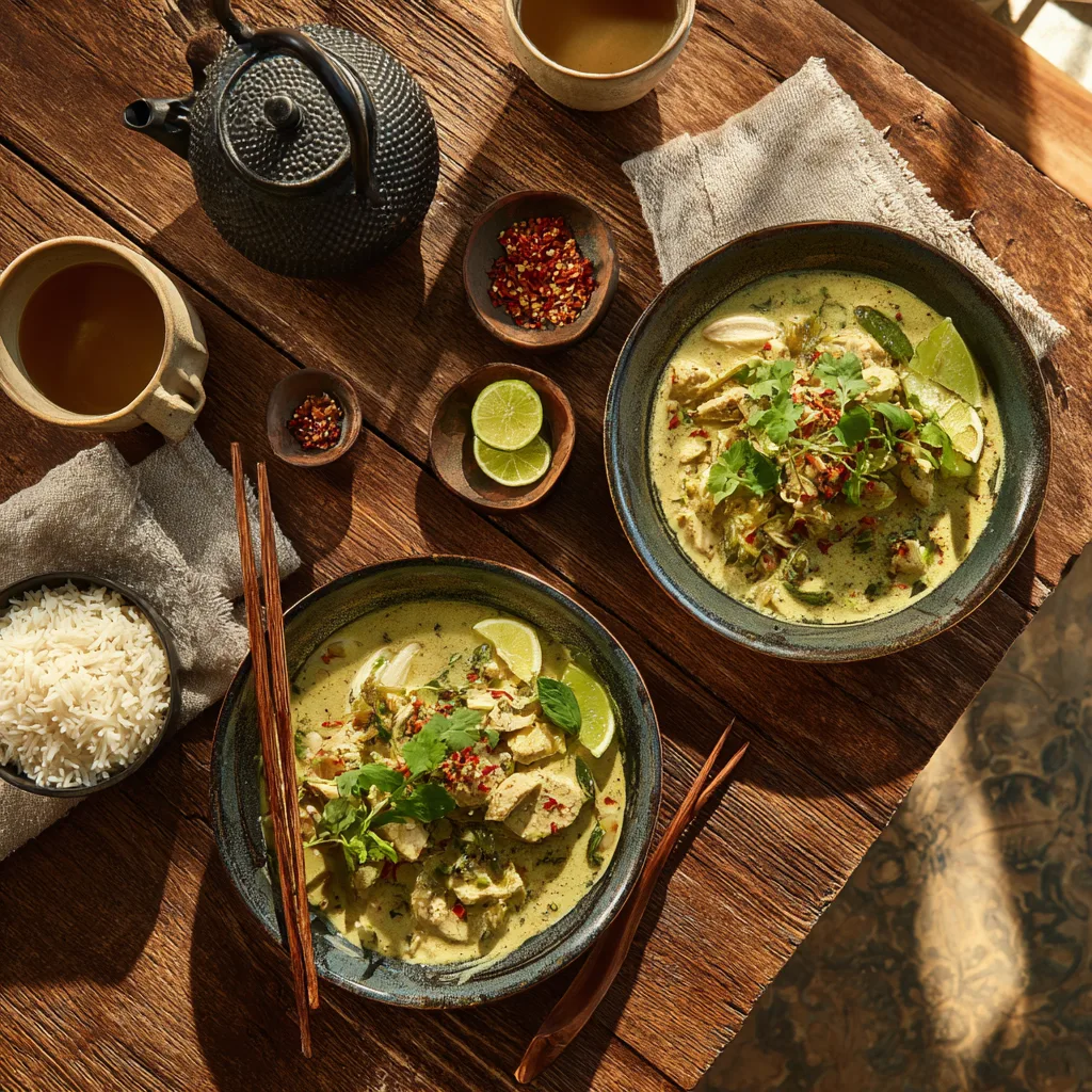  Serviervorschlag für Grüne Thai-Curry-Bowl mit Beilagen, Stäbchen und Jasmintee auf Holztisch