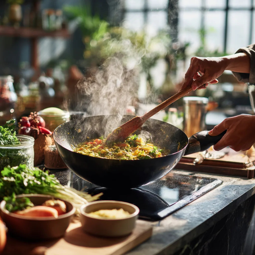 Zubereitung der Grünen Thai-Curry-Bowl in der Küche mit Wok und frischen Zutaten