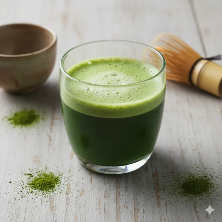 Grüner Matcha Latte von oben fotografiert mit Bambusquirl und Matcha-Pulver auf Holztisch