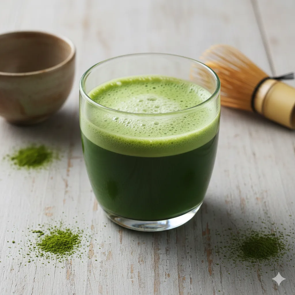 Grüner Matcha Latte von oben fotografiert mit Bambusquirl und Matcha-Pulver auf Holztisch