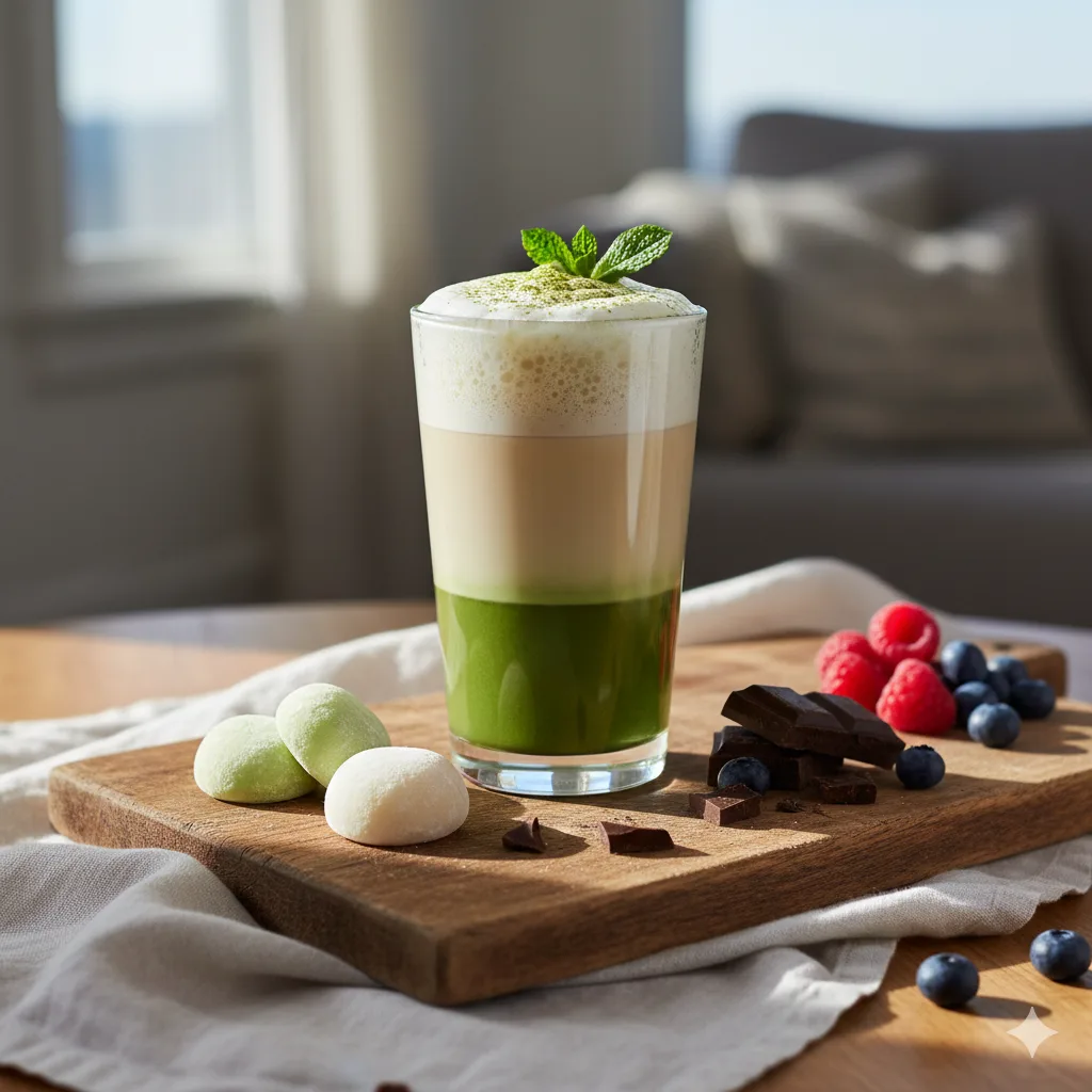 Grüner Matcha Latte serviert mit Mochi, Schokolade und Beeren auf rustikalem Holzbrett