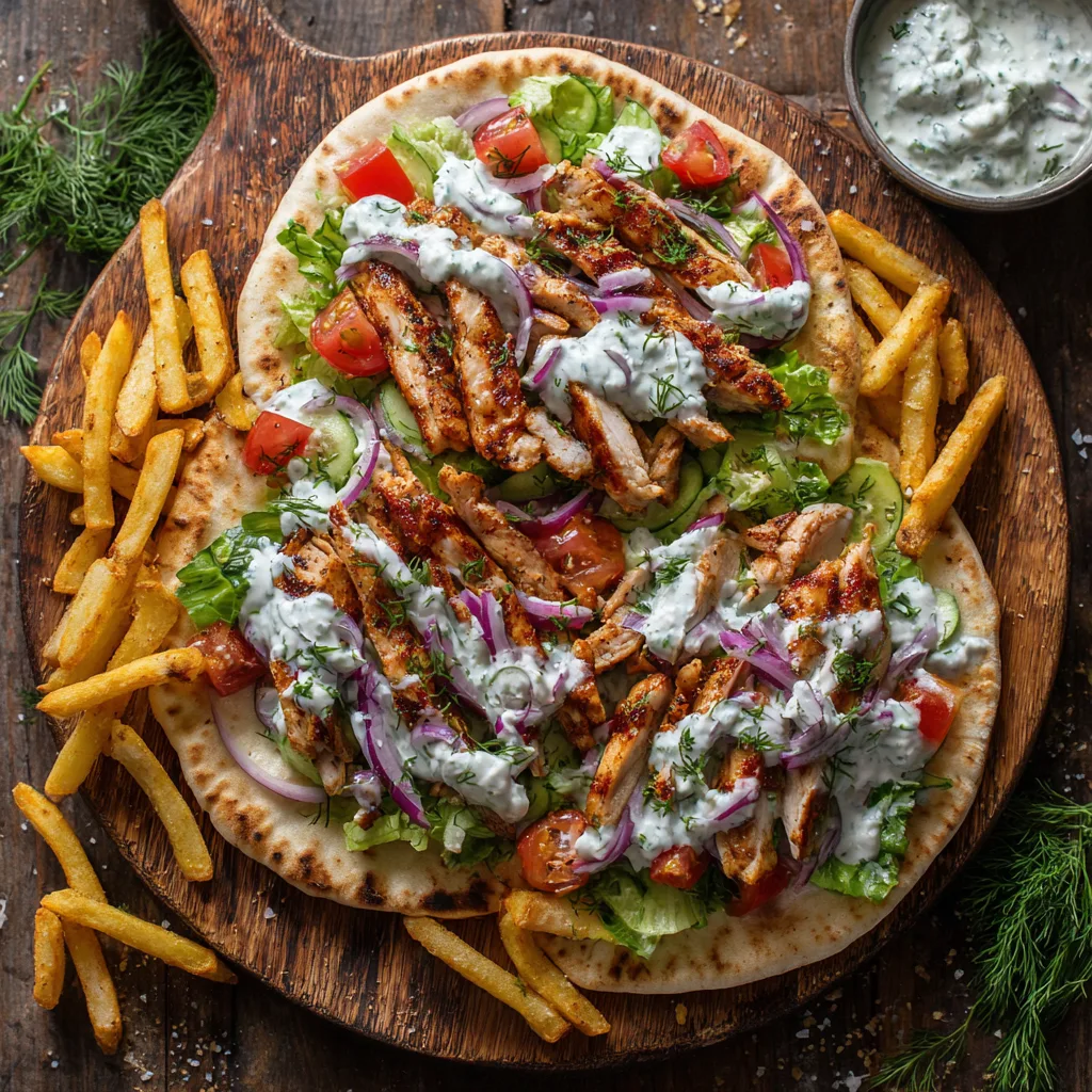 Hähnchen-Gyros mit Tzatziki Draufsicht mit Fladenbrot, Salat und Pommes auf rustikalem Holztisch