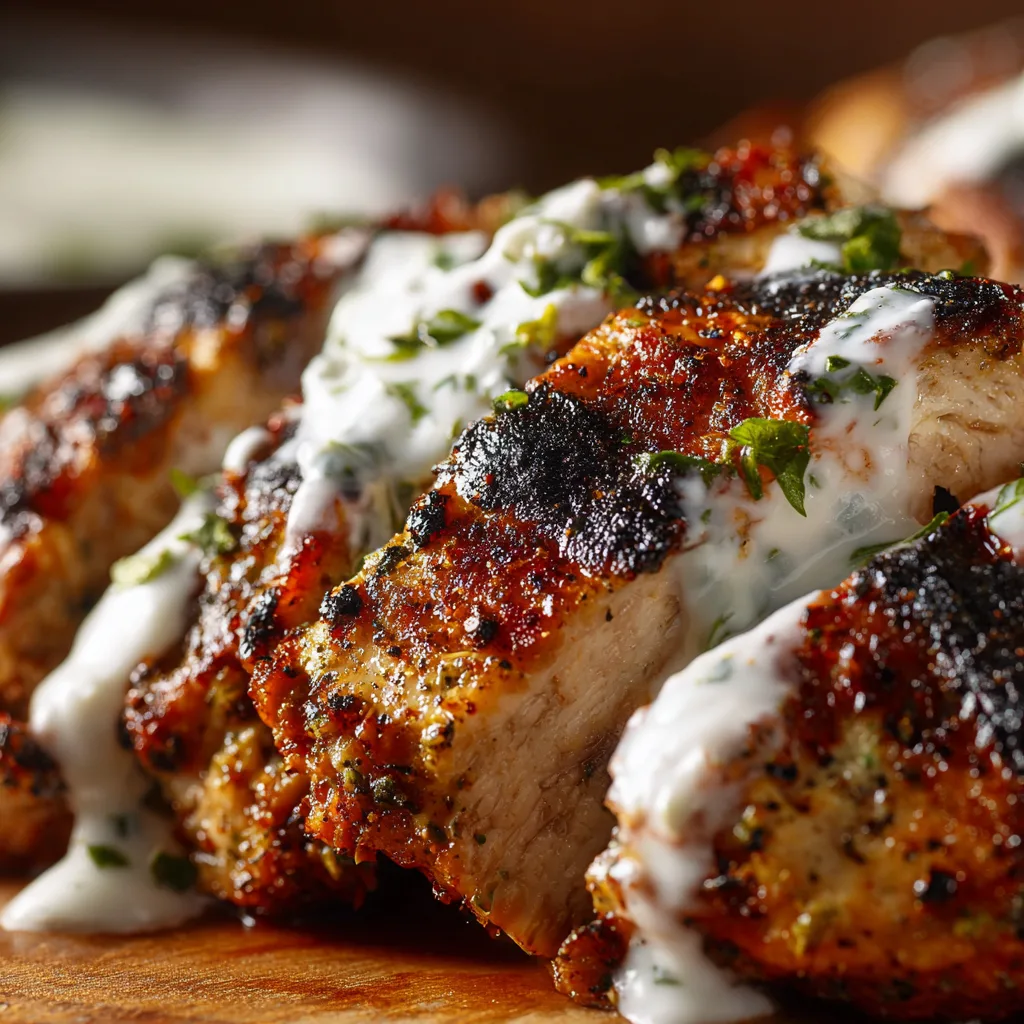 Hähnchen-Gyros mit Tzatziki Nahaufnahme zeigt saftige Fleischtextur und cremige Sauce