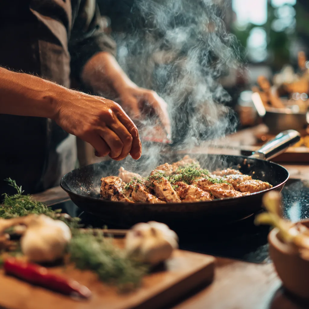 Hähnchen-Gyros mit Tzatziki Zubereitung in der Pfanne mit Kochutensilien