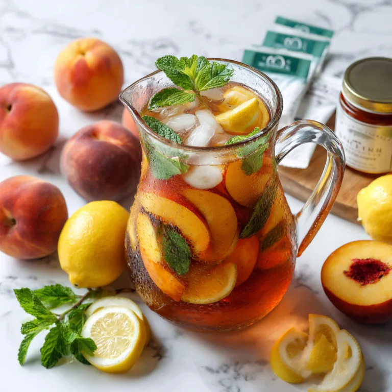 Hausgemachte Eistees in Glaskaraffe von oben mit frischen Pfirsichen, Zitronen und Minze