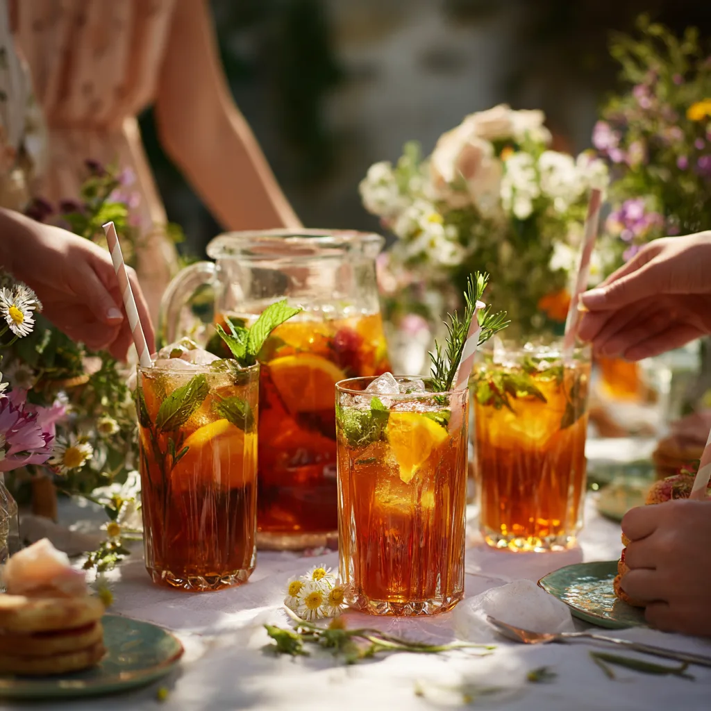 Hausgemachte Eistees serviert am Gartentisch mit mehreren Gläsern und Dekoration